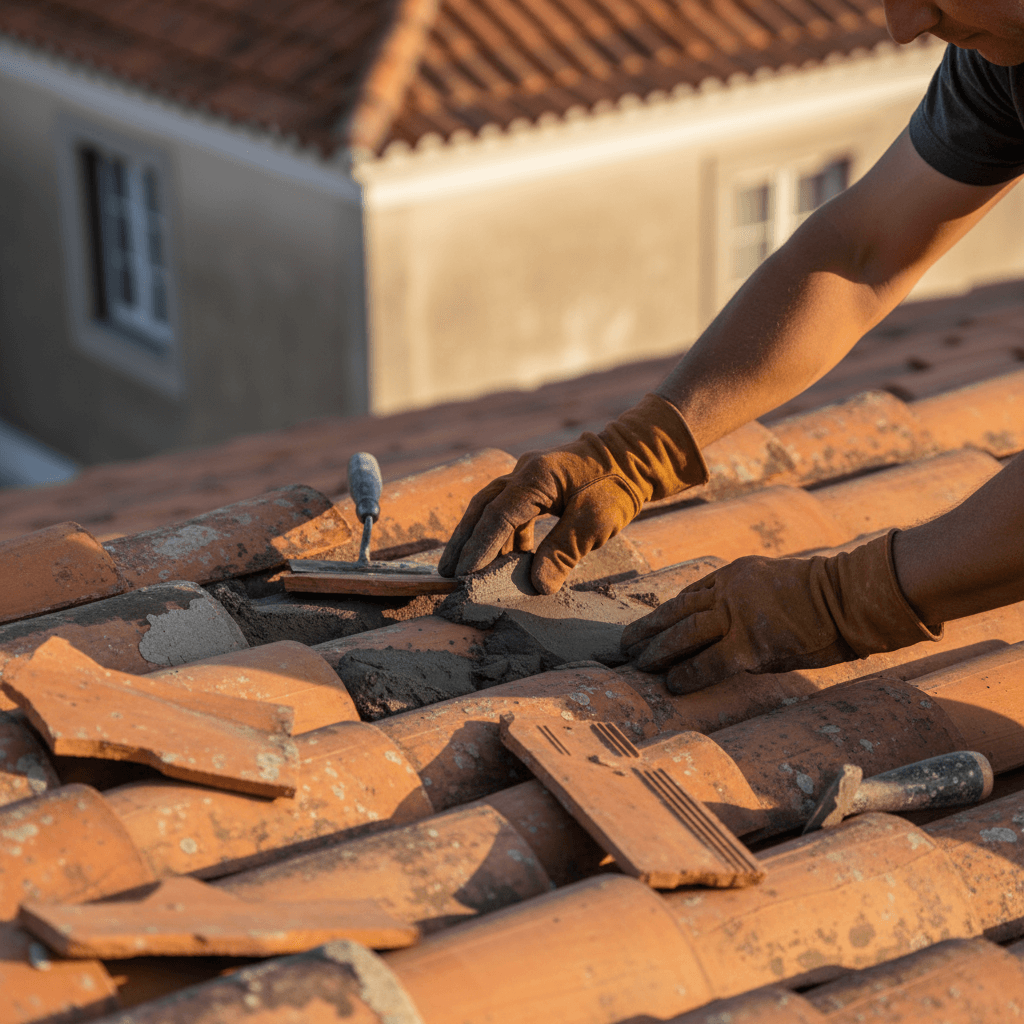 Professional roofer inspecting and repairing roof tiles