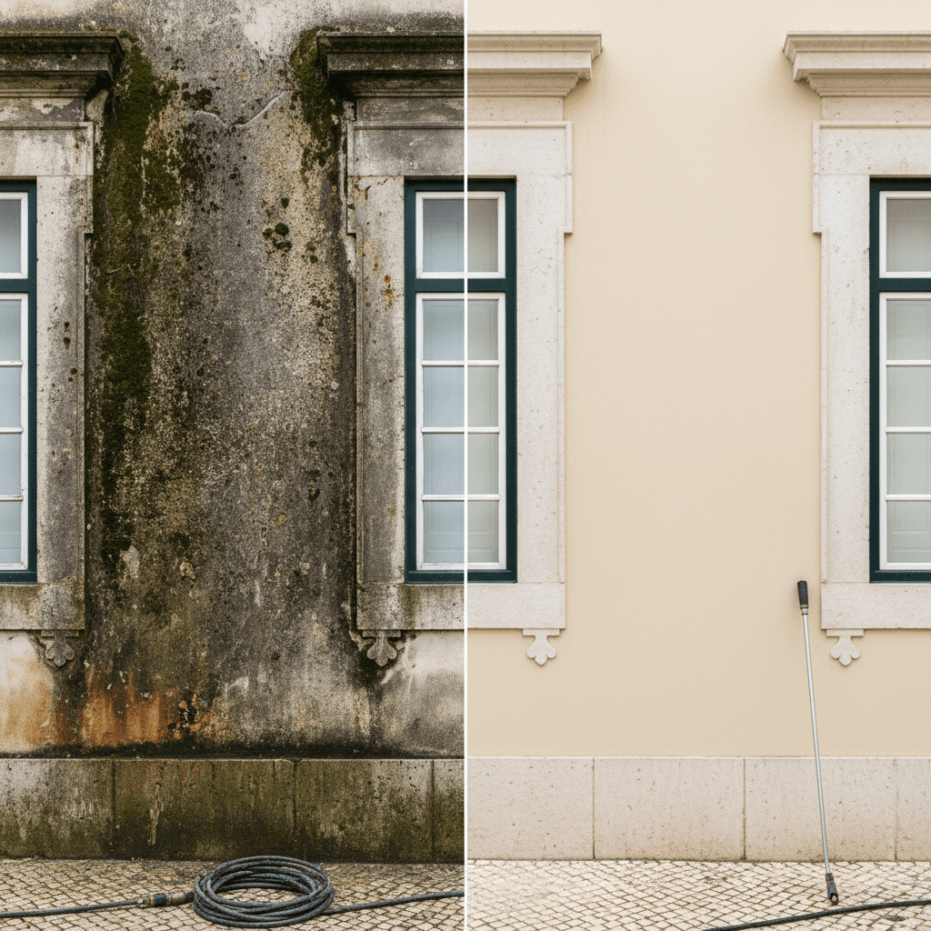 Professional cleaning transformation of weathered exterior surface