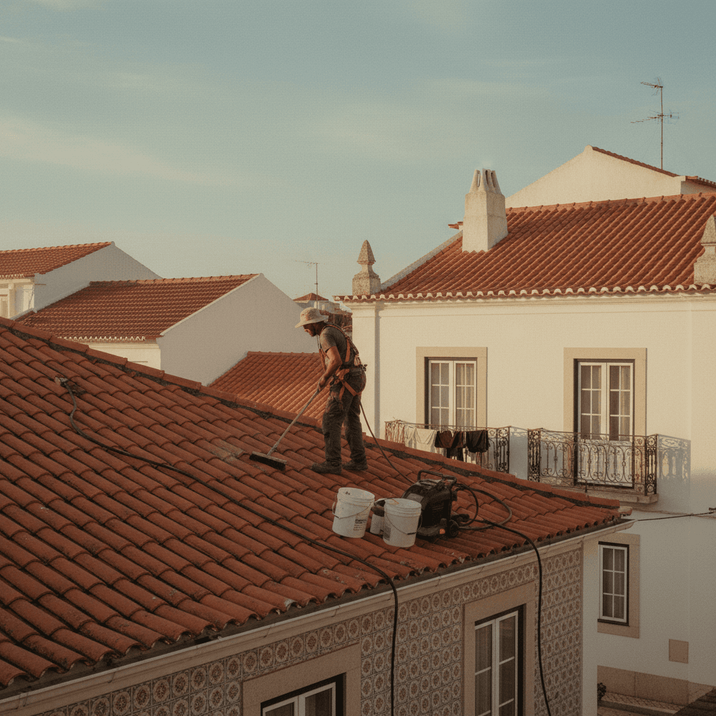 Professional roof cleaning service in progress on Lisbon residential property
