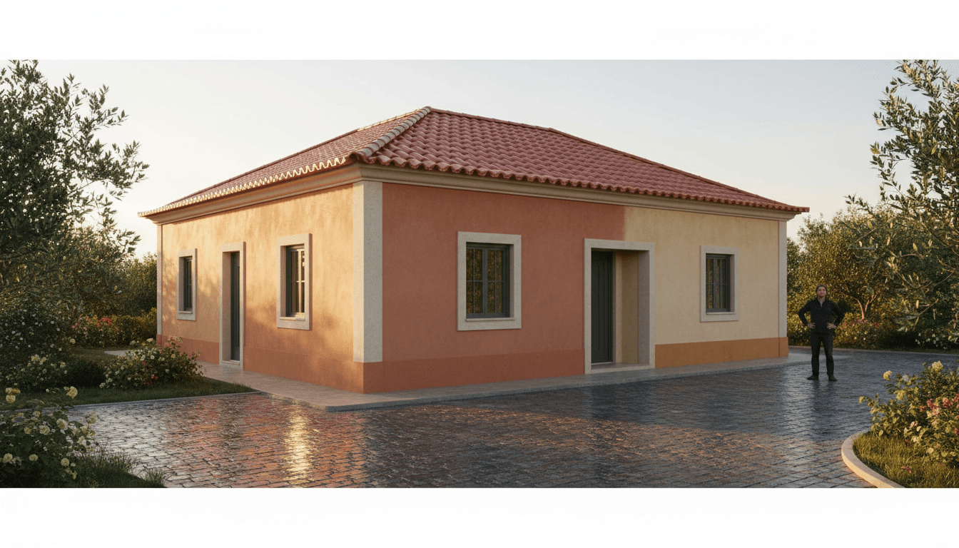 Beautifully restored Portuguese home exterior with fresh paint, sealed driveway, and cleaned roof in Lisbon