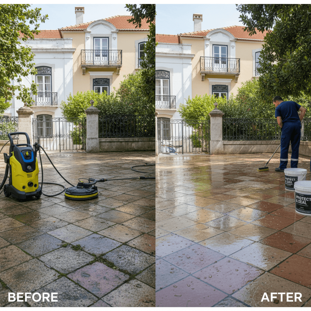 Freshly cleaned and sealed driveway showing detail of professional restoration work