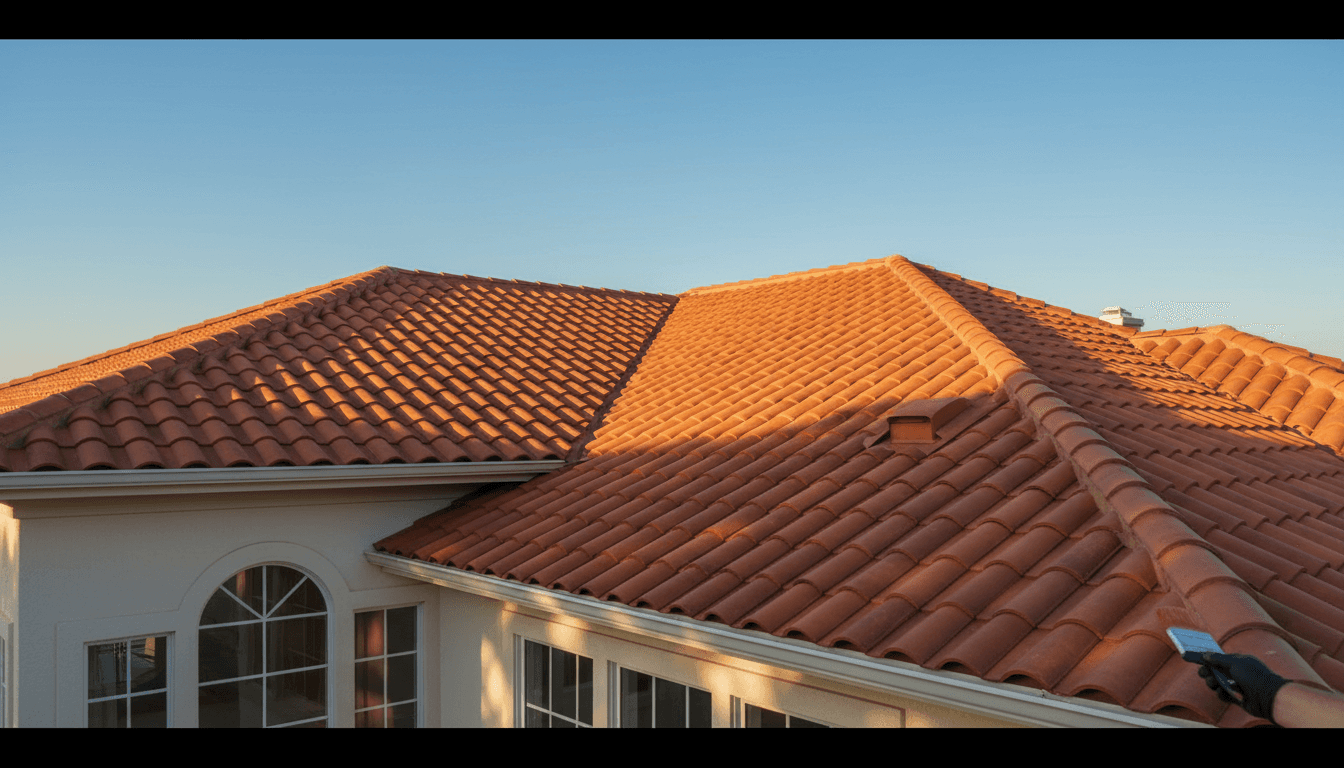 Professionally restored residential roofline with sealed tiles at sunset, showcasing quality home maintenance work in Lisbon