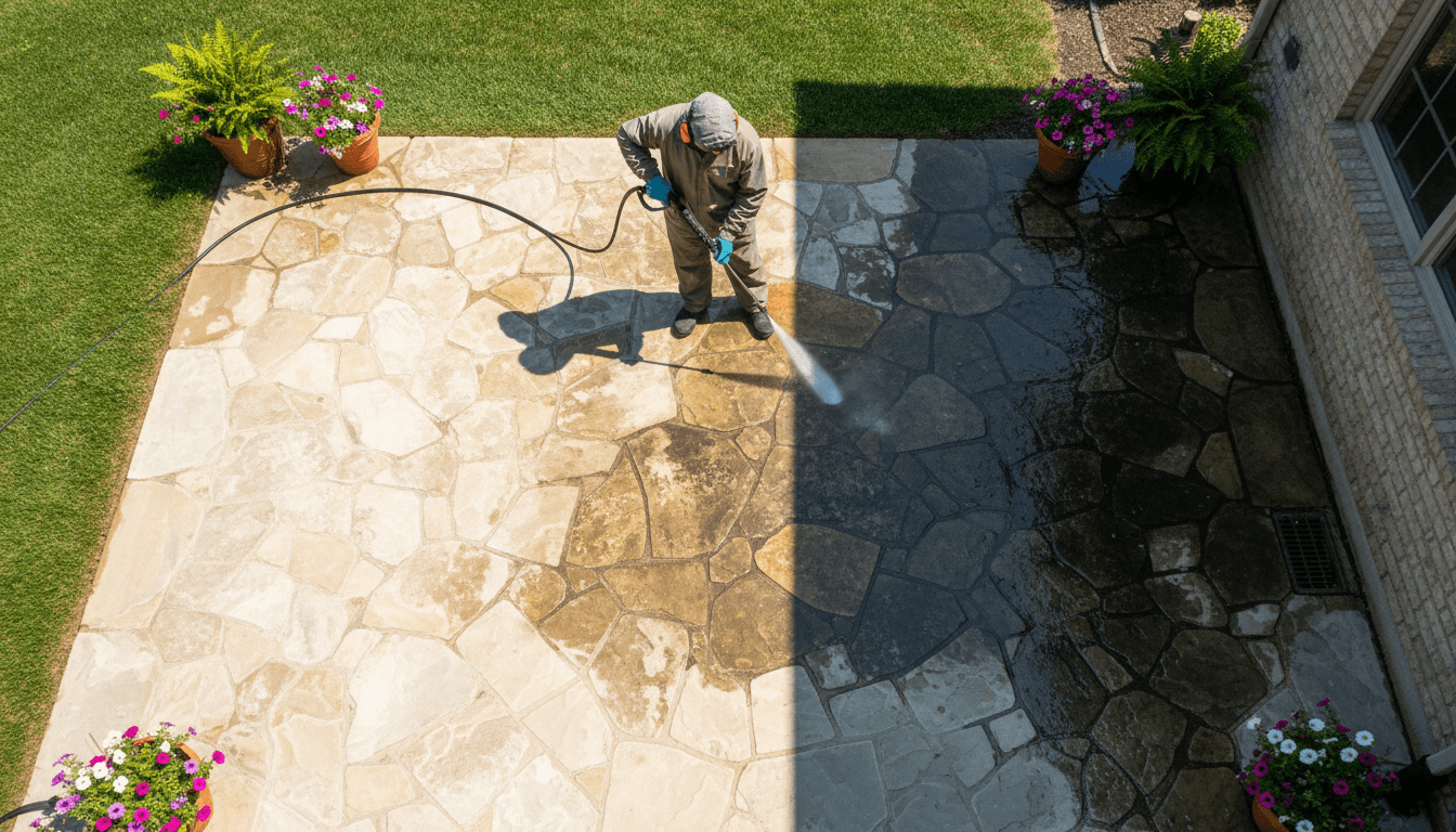 Overhead view of technician pressure washing residential patio showing multiple cleaning stages and restoration of weathered stone surfaces