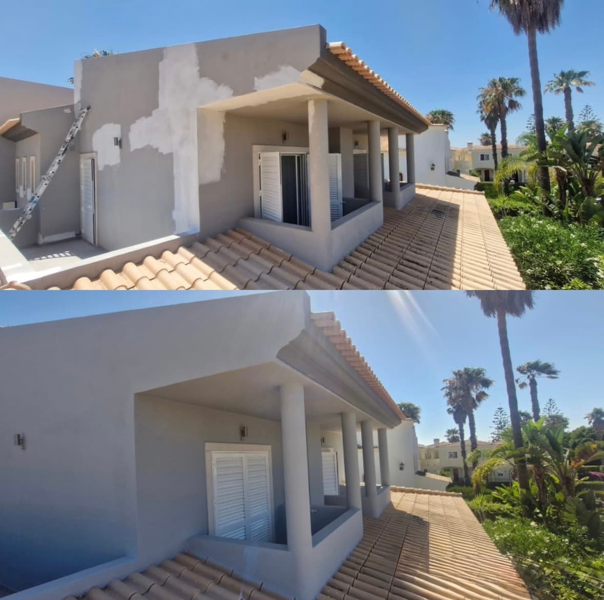 Before and after comparison of a grey house exterior being patched and then freshly painted.
